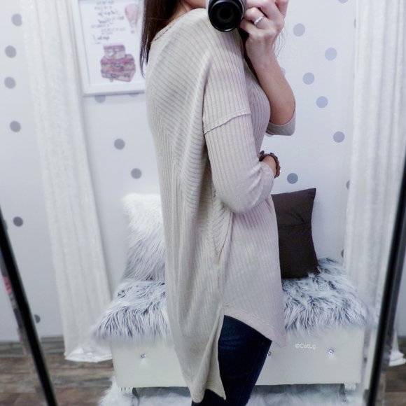 SALE Rib Knit Tunic Top 3/4" Sleeve Top Taupe - Picture 4 of 5